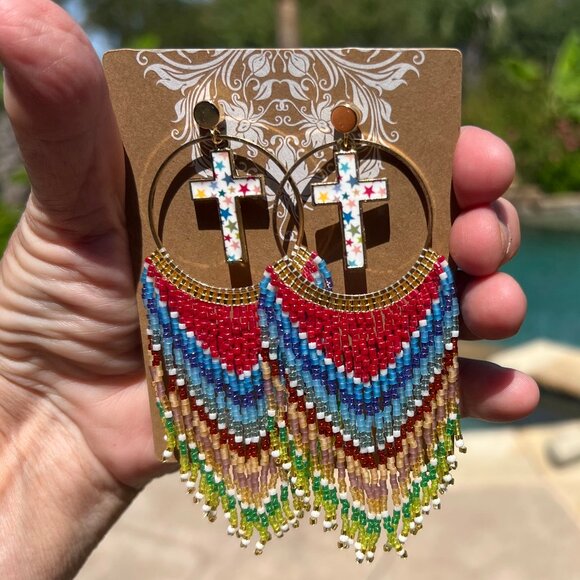 Handmade Beaded Long Faith Fringe Cross Dangle Drop Lightweight Post Earrings - Picture 3 of 11